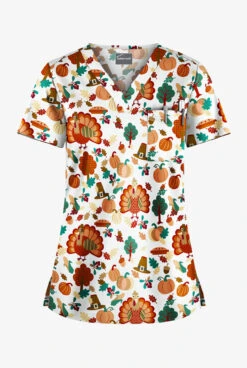 Butter-Soft Thanksgiving Time Women's 1-Pocket V-Neck Tuck-In Print Scrub Top