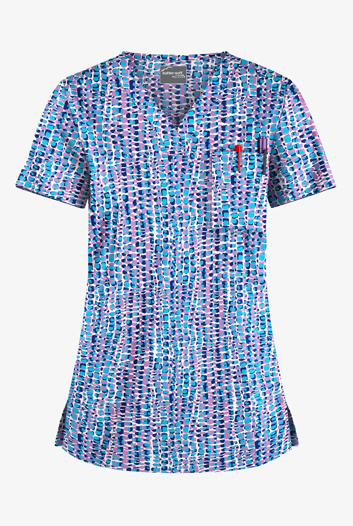 UA Butter-Soft STRETCH Urban Animal Orchid Women's 1-Pocket V-Neck Tuck-In Printed Scrub Top 1 UA Butter-Soft STRETCH Urban Animal Orchid Women's 1-Pocket V-Neck Tuck-In Printed Scrub Top