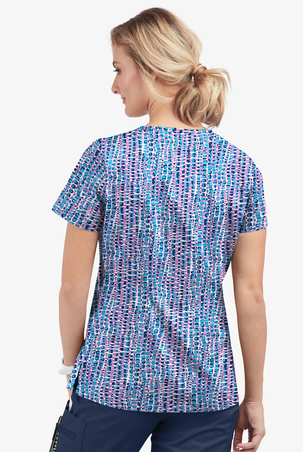 UA Butter-Soft STRETCH Urban Animal Orchid Women's 1-Pocket V-Neck Tuck-In Printed Scrub Top 3 UA Butter-Soft STRETCH Urban Animal Orchid Women's 1-Pocket V-Neck Tuck-In Printed Scrub Top - Image 3