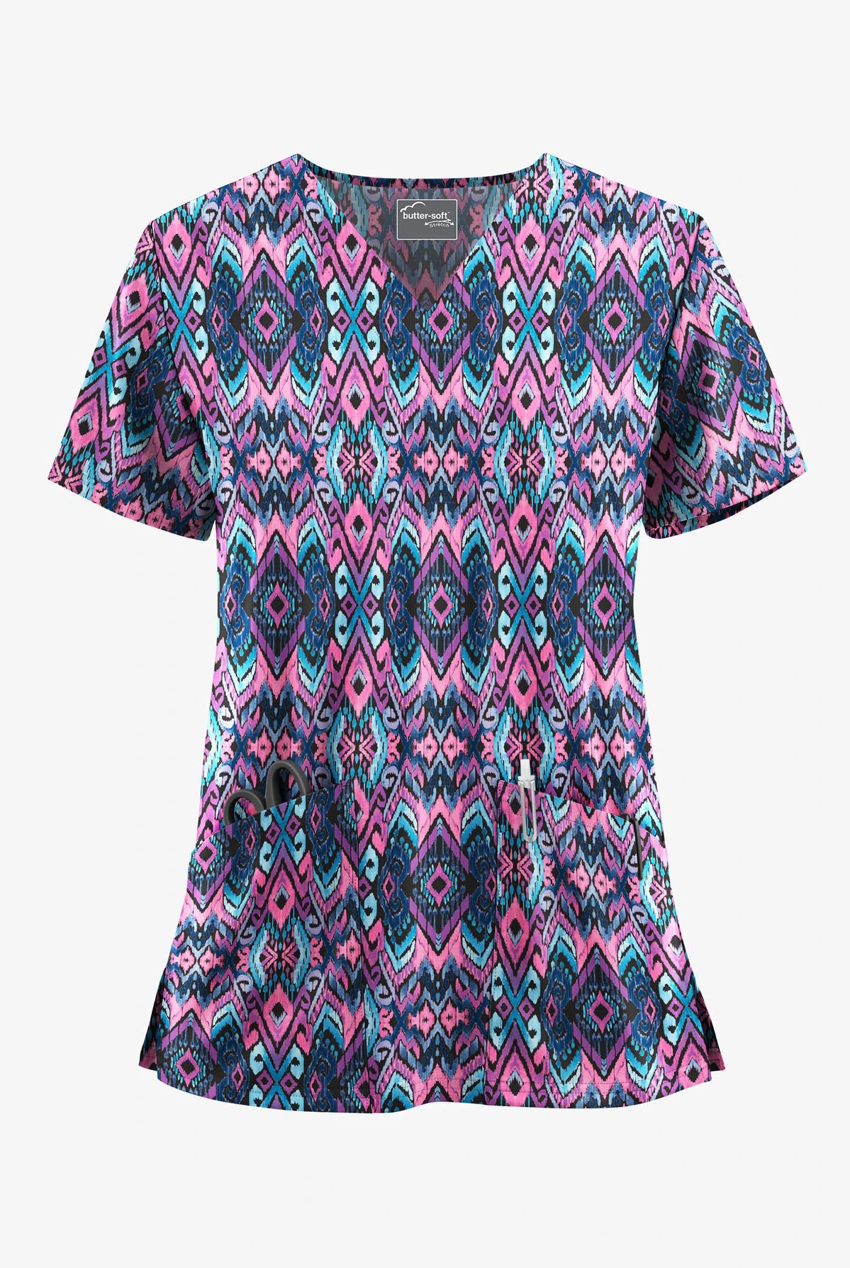 UA Butter-Soft STRETCH Cantik Ikat Women's 2-Pocket V-Neck Printed Scrub Top 1 UA Butter-Soft STRETCH Cantik Ikat Women's 2-Pocket V-Neck Printed Scrub Top