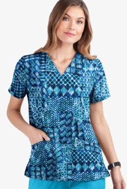 UA Butter-Soft STRETCH Dondo Patchwork Navy Women's 2-Pocket V-Neck Print Scrub Top