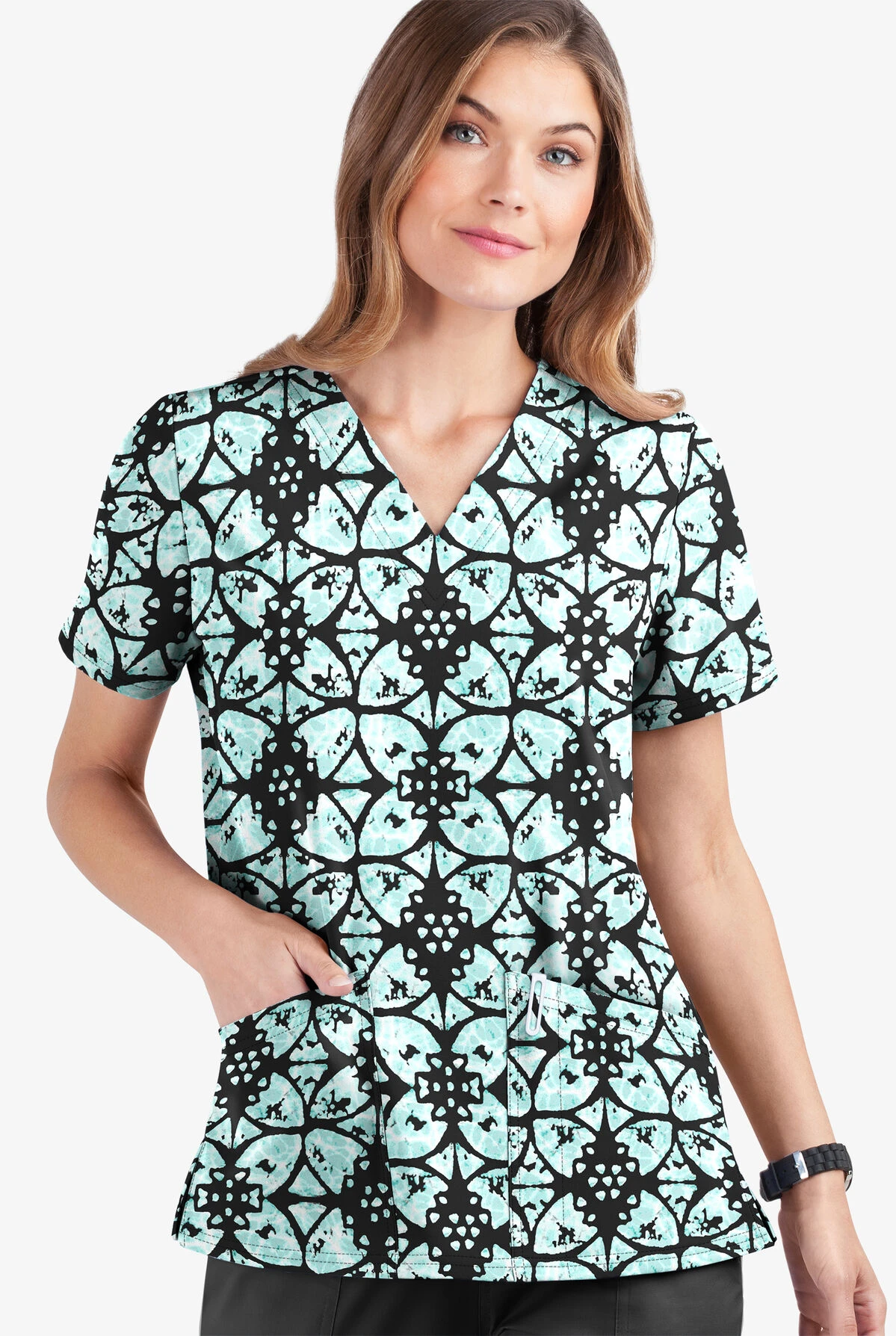 UA Butter-Soft STRETCH Desert Rose Black Printed Women's 2-Pocket V-Neck Scrub Top 2 UA Butter-Soft STRETCH Desert Rose Black Printed Women's 2-Pocket V-Neck Scrub Top - Image 2