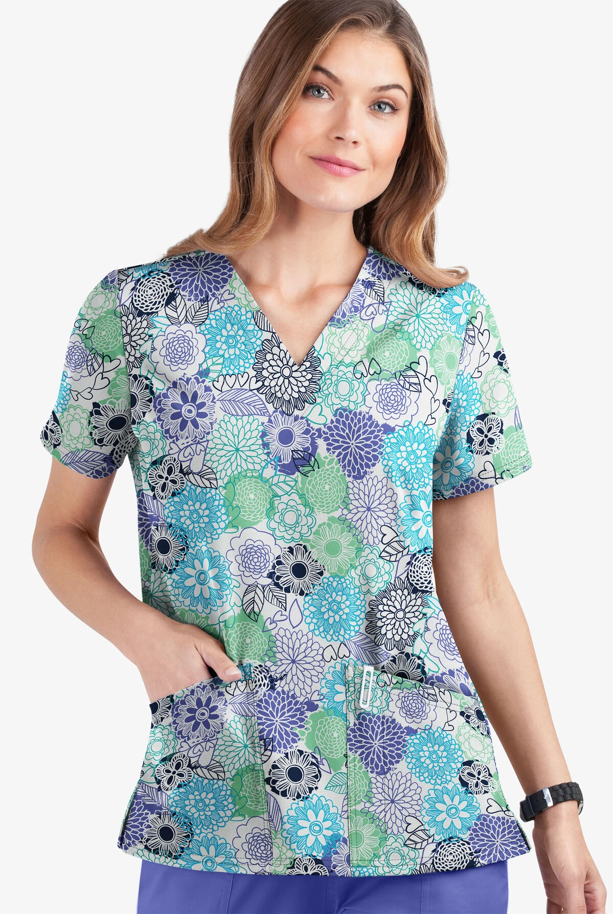 UA Butter-Soft STRETCH Danish Floral White Printed Women's 2-Pocket V-Neck Scrub Top 1 UA Butter-Soft STRETCH Danish Floral White Printed Women's 2-Pocket V-Neck Scrub Top