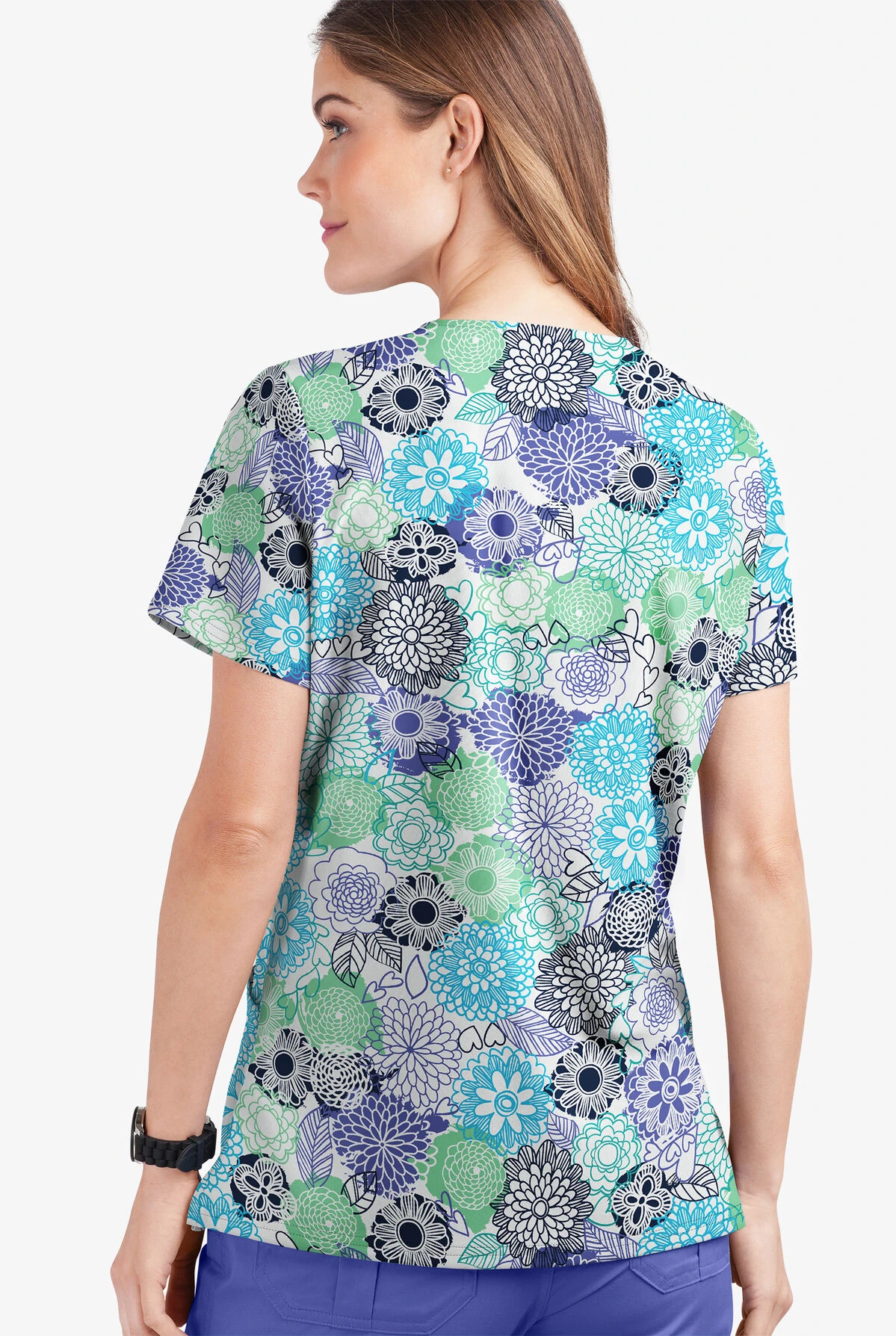 UA Butter-Soft STRETCH Danish Floral White Printed Women's 2-Pocket V-Neck Scrub Top 2 UA Butter-Soft STRETCH Danish Floral White Printed Women's 2-Pocket V-Neck Scrub Top - Image 2