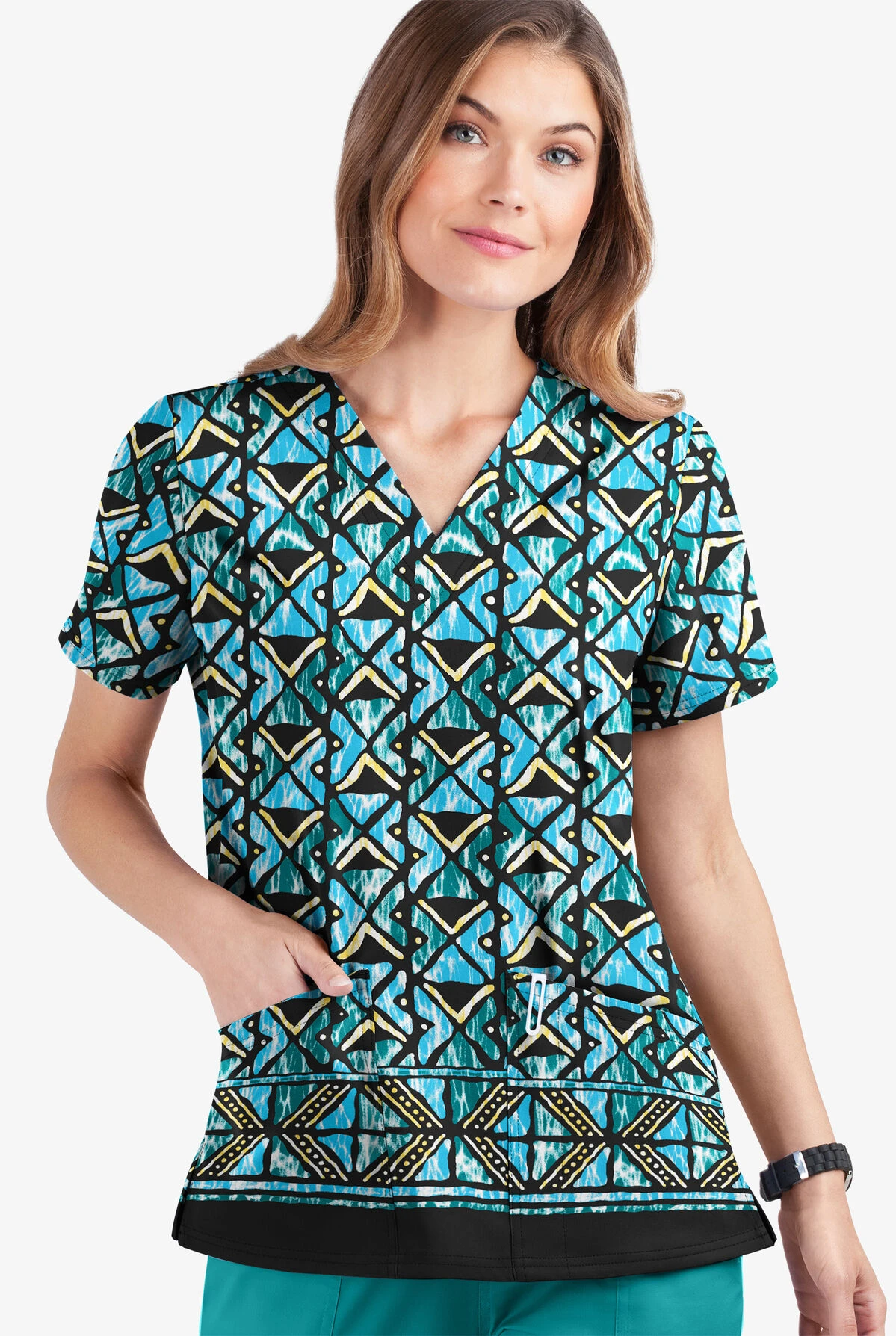 UA Butter-Soft STRETCH Day Dance Black Printed Women's 2-Pocket V-Neck Scrub Top 1 UA Butter-Soft STRETCH Day Dance Black Printed Women's 2-Pocket V-Neck Scrub Top