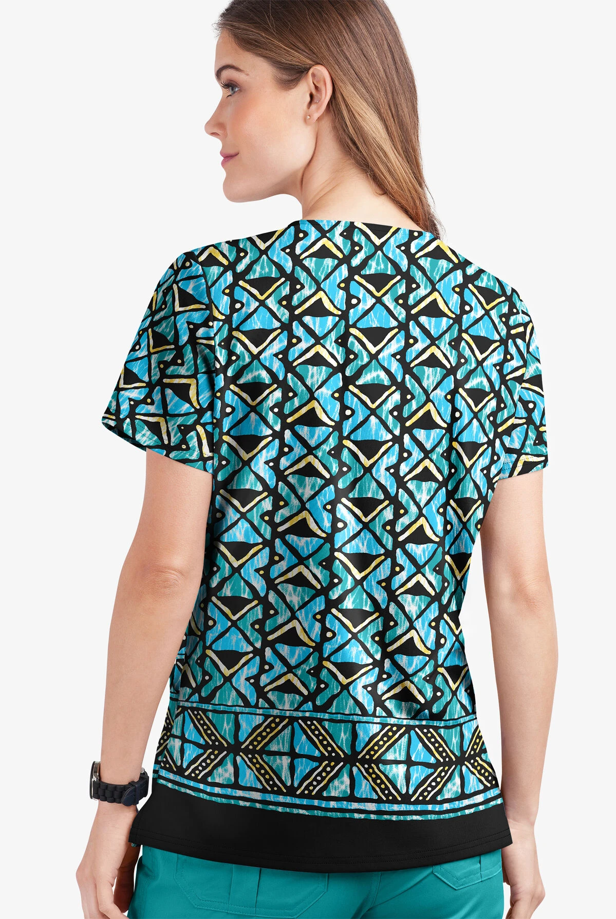 UA Butter-Soft STRETCH Day Dance Black Printed Women's 2-Pocket V-Neck Scrub Top 2 UA Butter-Soft STRETCH Day Dance Black Printed Women's 2-Pocket V-Neck Scrub Top - Image 2