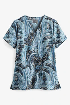 UA Butter-Soft STRETCH Floral Paisley Black Printed Women's 2-Pocket V-Neck Scrub Top