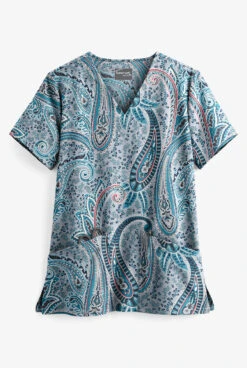 UA Butter-Soft STRETCH Floral Paisley Silver Women's 2-Pocket V-Neck Print Scrub Top