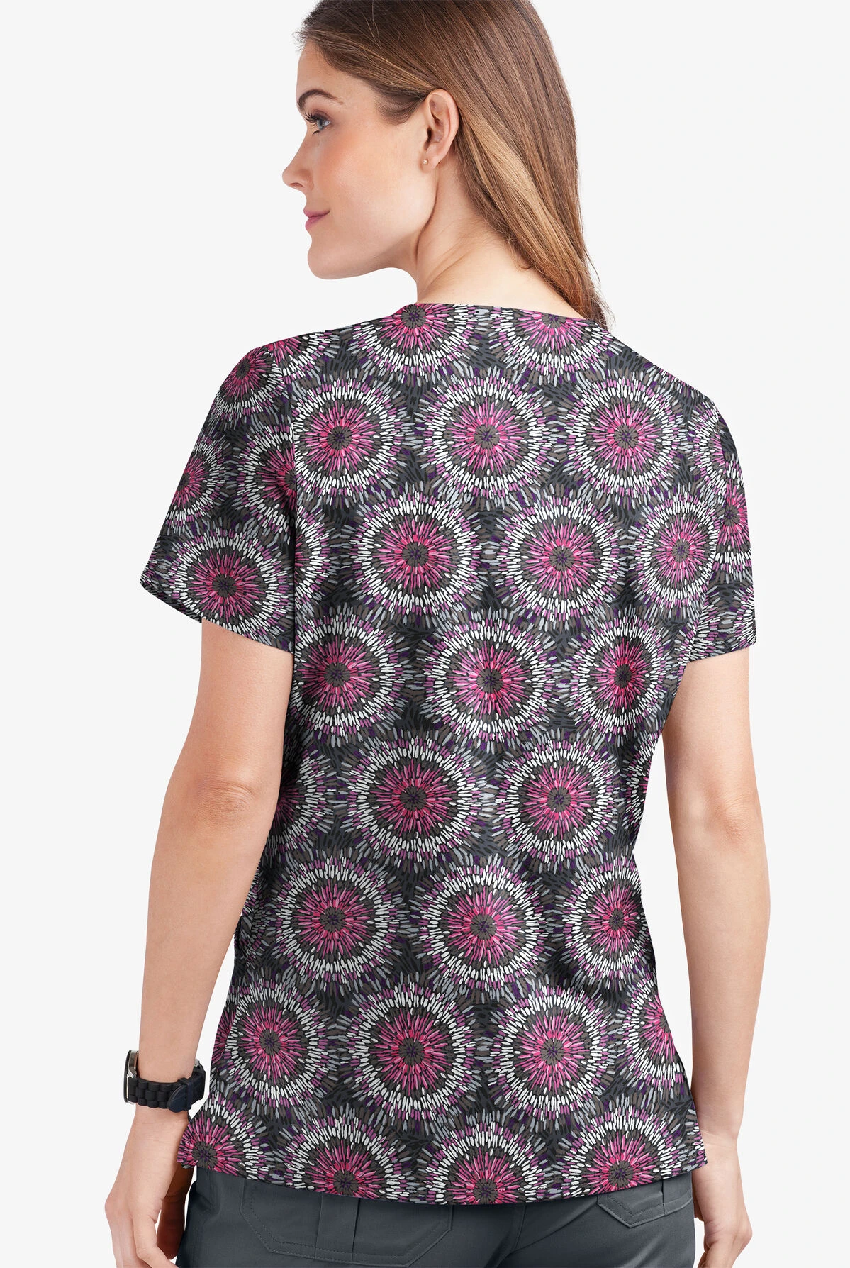 UA Butter-Soft STRETCH Splash Of Geo Pewter Women's 2-Pocket V-Neck Print Scrub Top 2 UA Butter-Soft STRETCH Splash Of Geo Pewter Women's 2-Pocket V-Neck Print Scrub Top - Image 2