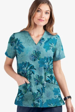 UA Butter-Soft STRETCH Garden Lilies Aqua Moon Women's 2-Pocket V-Neck Print Scrub Top