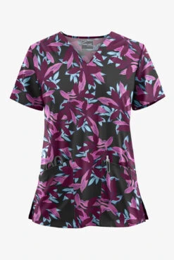 UA Butter-Soft STRETCH Happy Morning Floral Wine Women's 2-Pocket V-Neck Print Scrub Top
