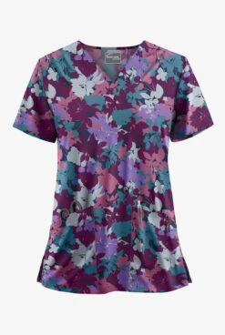 UA Butter-Soft STRETCH Layered Floral Navy Women's 2-Pocket V-Neck Print Scrub Top