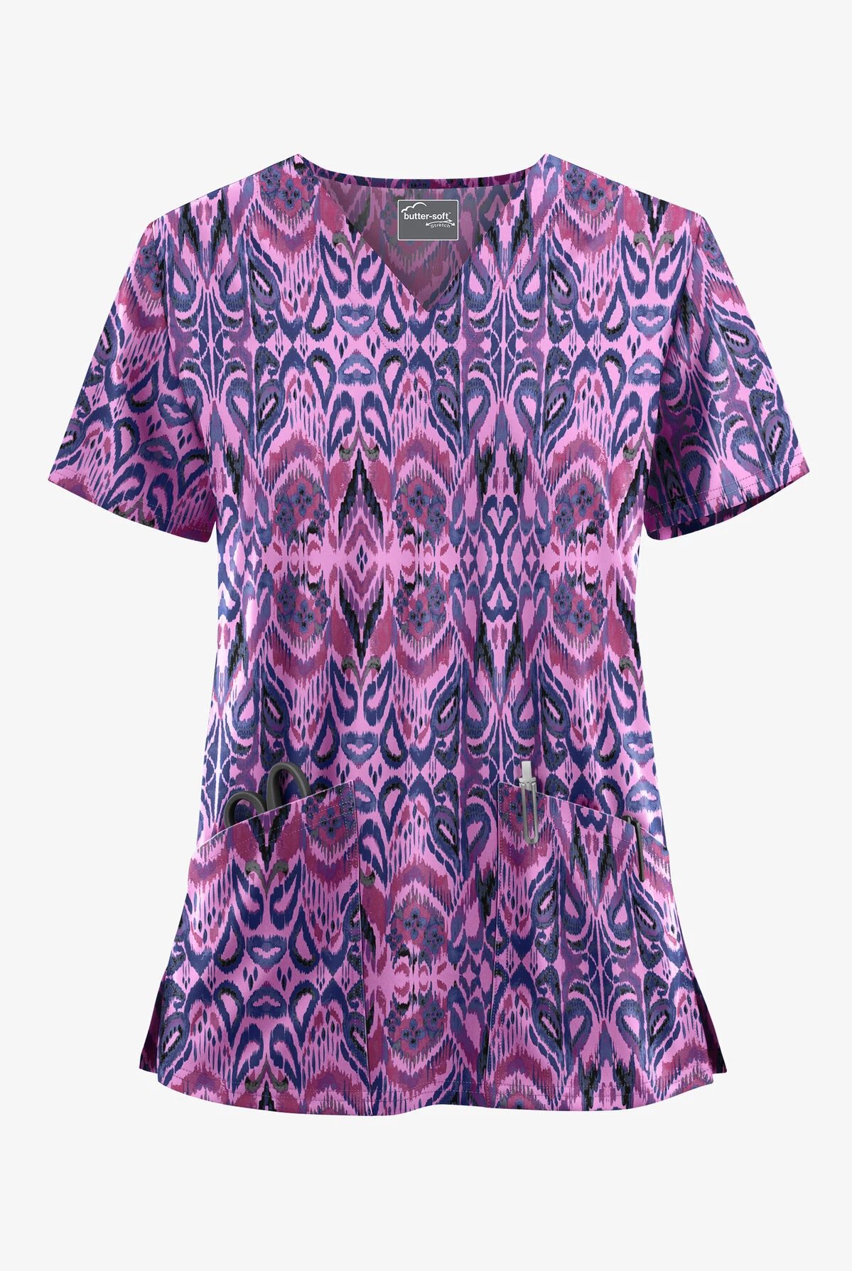 UA Butter-Soft STRETCH Romanian Ikat Orchid Women's 2-Pocket V-Neck Print Scrub Top 1 UA Butter-Soft STRETCH Romanian Ikat Orchid Women's 2-Pocket V-Neck Print Scrub Top