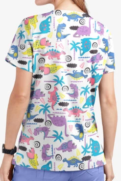 UA Butter-Soft STRETCH Stompin' Dino Orchid Women's 2-Pocket V-Neck Printed Scrub Top -Cherokee Shop TS542SDOR 3