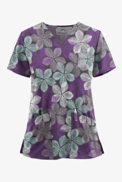 UA Butter-Soft STRETCH Subtle Leaves Pewter Women's 2-Pocket V-Neck Printed Scrub Top
