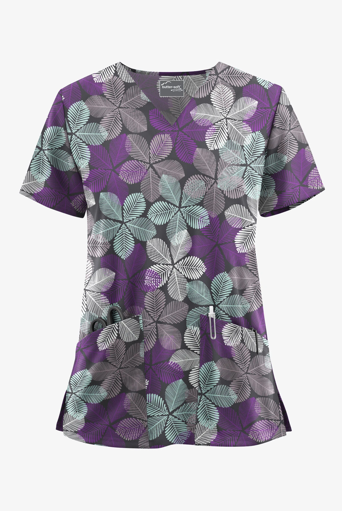UA Butter-Soft STRETCH Subtle Leaves Pewter Women's 2-Pocket V-Neck Printed Scrub Top 1 UA Butter-Soft STRETCH Subtle Leaves Pewter Women's 2-Pocket V-Neck Printed Scrub Top