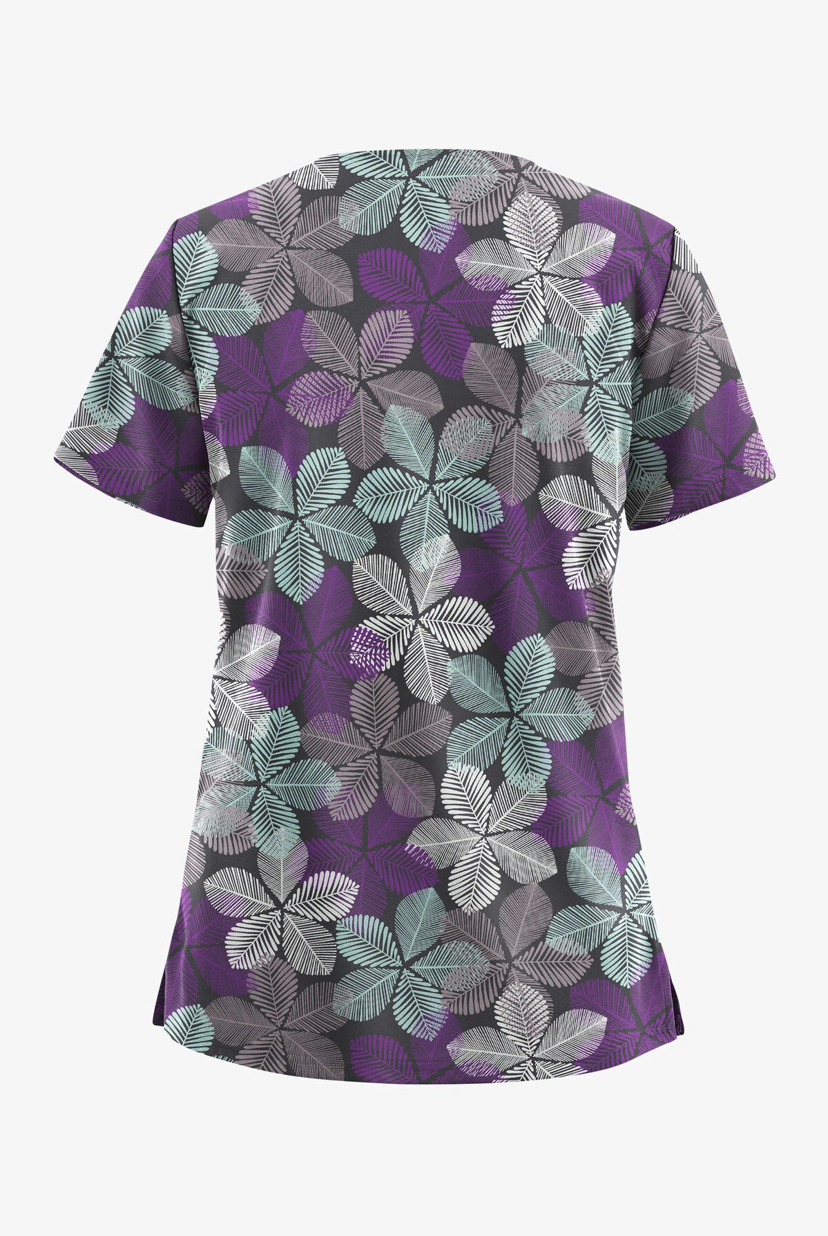 UA Butter-Soft STRETCH Subtle Leaves Pewter Women's 2-Pocket V-Neck Printed Scrub Top 2 UA Butter-Soft STRETCH Subtle Leaves Pewter Women's 2-Pocket V-Neck Printed Scrub Top - Image 2