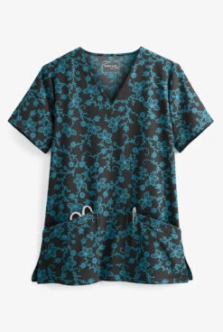 UA Butter-Soft STRETCH Floral Vines Black Printed Women's 2-Pocket V-Neck Scrub Top