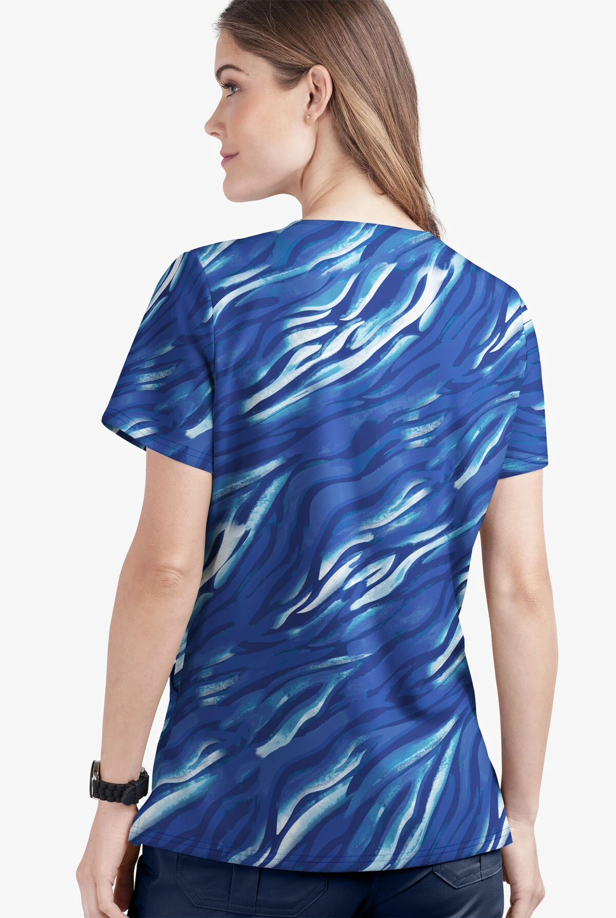 UA Butter-Soft STRETCH Wild Stripes Amparo Blue Women's 2-Pocket V-Neck Print Scrub Top 2 UA Butter-Soft STRETCH Wild Stripes Amparo Blue Women's 2-Pocket V-Neck Print Scrub Top - Image 2