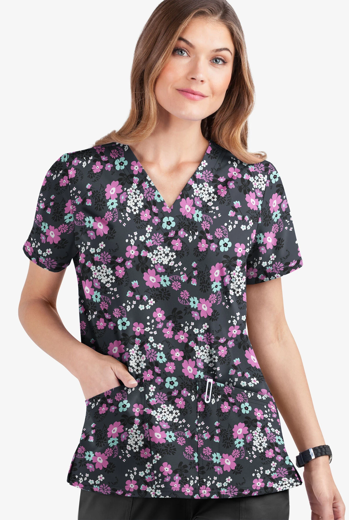 UA Butter-Soft STRETCH Whispering Floral Rosebud Women's 2-Pocket V-Neck Print Scrub Top 1 UA Butter-Soft STRETCH Whispering Floral Rosebud Women's 2-Pocket V-Neck Print Scrub Top