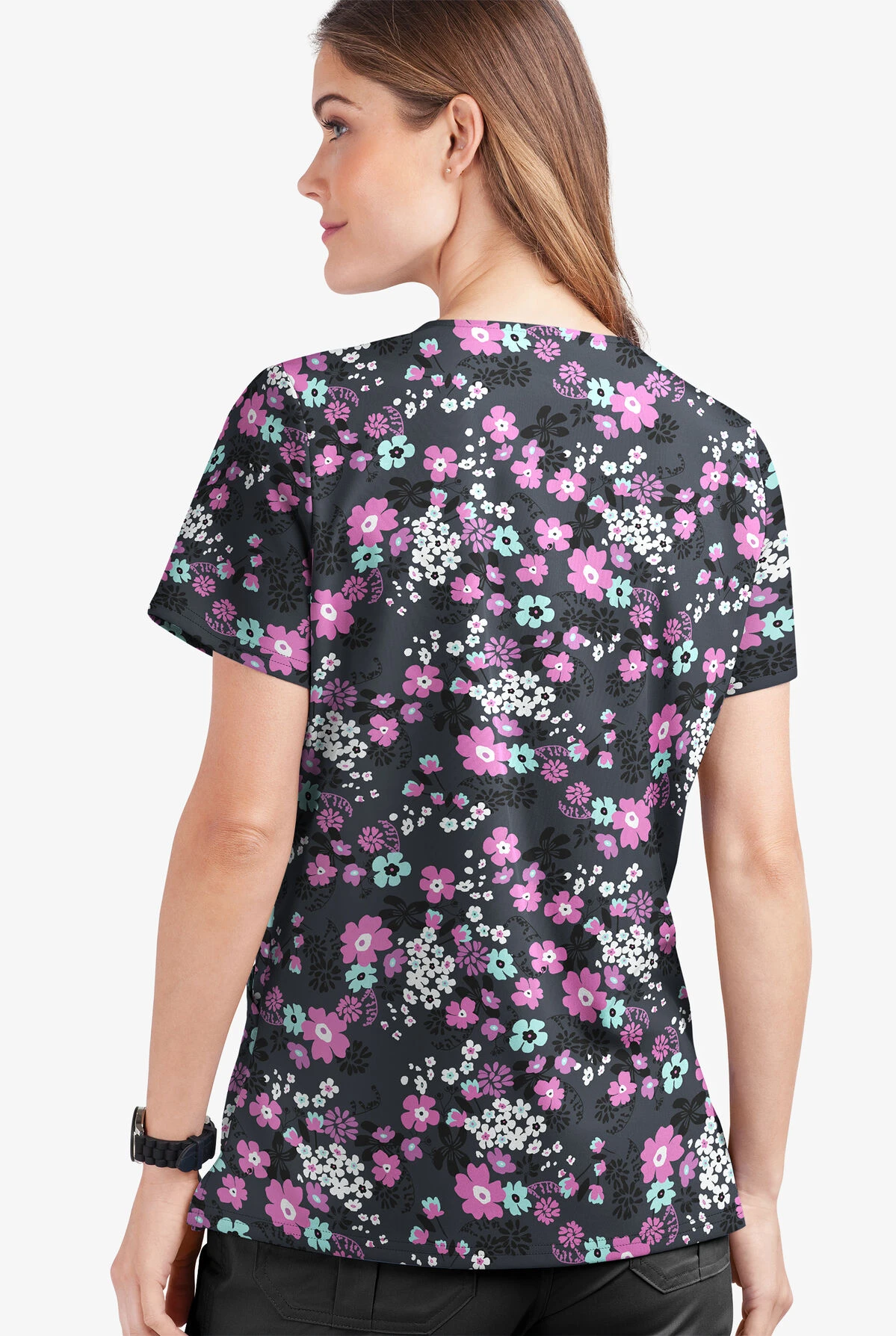UA Butter-Soft STRETCH Whispering Floral Rosebud Women's 2-Pocket V-Neck Print Scrub Top 2 UA Butter-Soft STRETCH Whispering Floral Rosebud Women's 2-Pocket V-Neck Print Scrub Top - Image 2