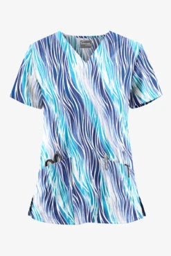 UA Butter-Soft STRETCH Water Waves Women's 2-Pocket V-Neck Print Scrub Top
