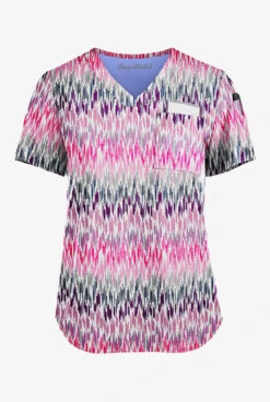 Easy STRETCH By Butter-Soft™ Brushstroke Chevron White Printed Women's 1-Pocket Tuck-In Scrub Top