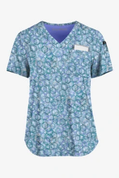 Easy STRETCH By Butter-Soft™ Dotted Geo Caribbean Blue Women's 1-Pocket Tuck-In Print Scrub Top