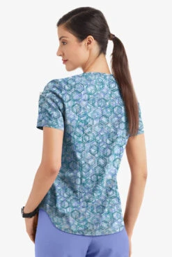 Easy STRETCH By Butter-Soft™ Dotted Geo Caribbean Blue Women's 1-Pocket Tuck-In Print Scrub Top -Cherokee Shop TS543DGCB 3