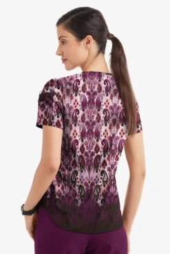 Easy STRETCH By Butter-Soft™ Gradient Ikat Eggplant Women's 1-Pocket Tuck-In Print Scrub Top -Cherokee Shop TS543GIEP 3