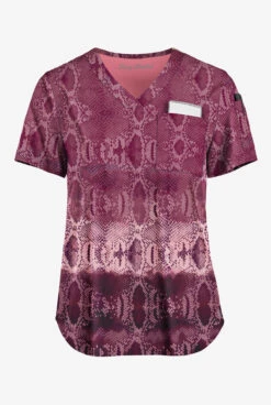 Easy STRETCH By Butter-Soft™ Wild Border Wine Women's 2-Pocket V-Neck Tuck-In Print Scrub Top