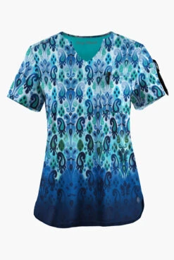 Easy STRETCH By Butter-Soft Gradient Ikat Navy Women's 1-Pocket Scallop Neck Printed Scrub Top