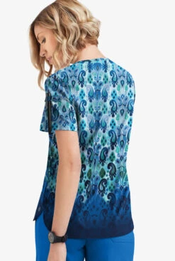 Easy STRETCH By Butter-Soft Gradient Ikat Navy Women's 1-Pocket Scallop Neck Printed Scrub Top -Cherokee Shop TS546GINV 3