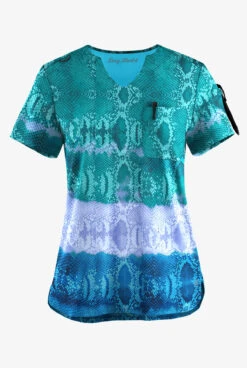 Easy STRETCH By Butter-Soft™ Wild Border Teal Women's 1-Pkts Scallop Neck Tuck-In Print Scrub Top