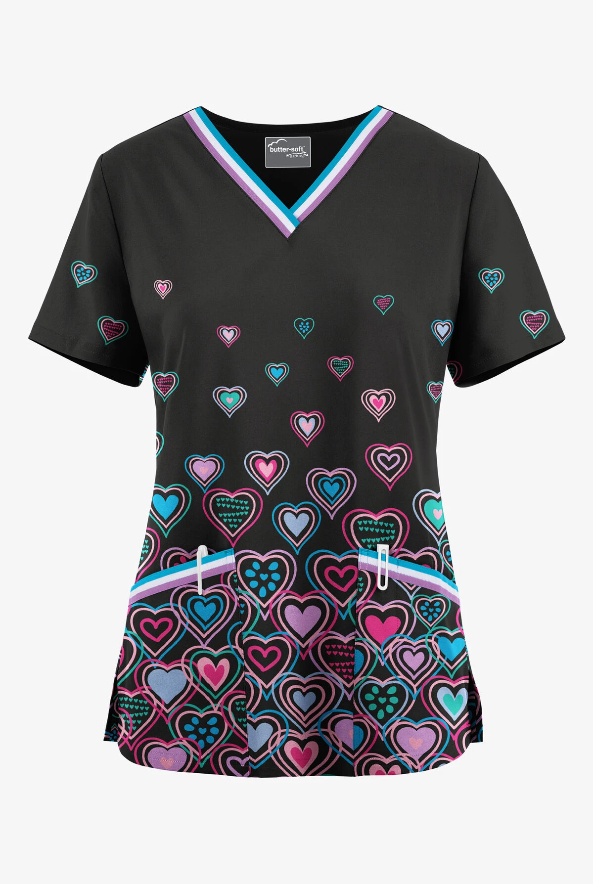 UA Butter-Soft STRETCH Bright Hearts Black Printed Women's V-Neck 3 Pocket Scrub Top 1 UA Butter-Soft STRETCH Bright Hearts Black Printed Women's V-Neck 3 Pocket Scrub Top