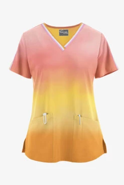 UA Butter-Soft STRETCH Evening Sky Ombre Apricot Sunset Women's 3-Pocket V-Neck With Trim Scrub Top