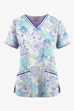 UA Butter-Soft STRETCH Floral Mirage Poolside View Women's 3-Pocket V-Neck With Trim Scrub Top
