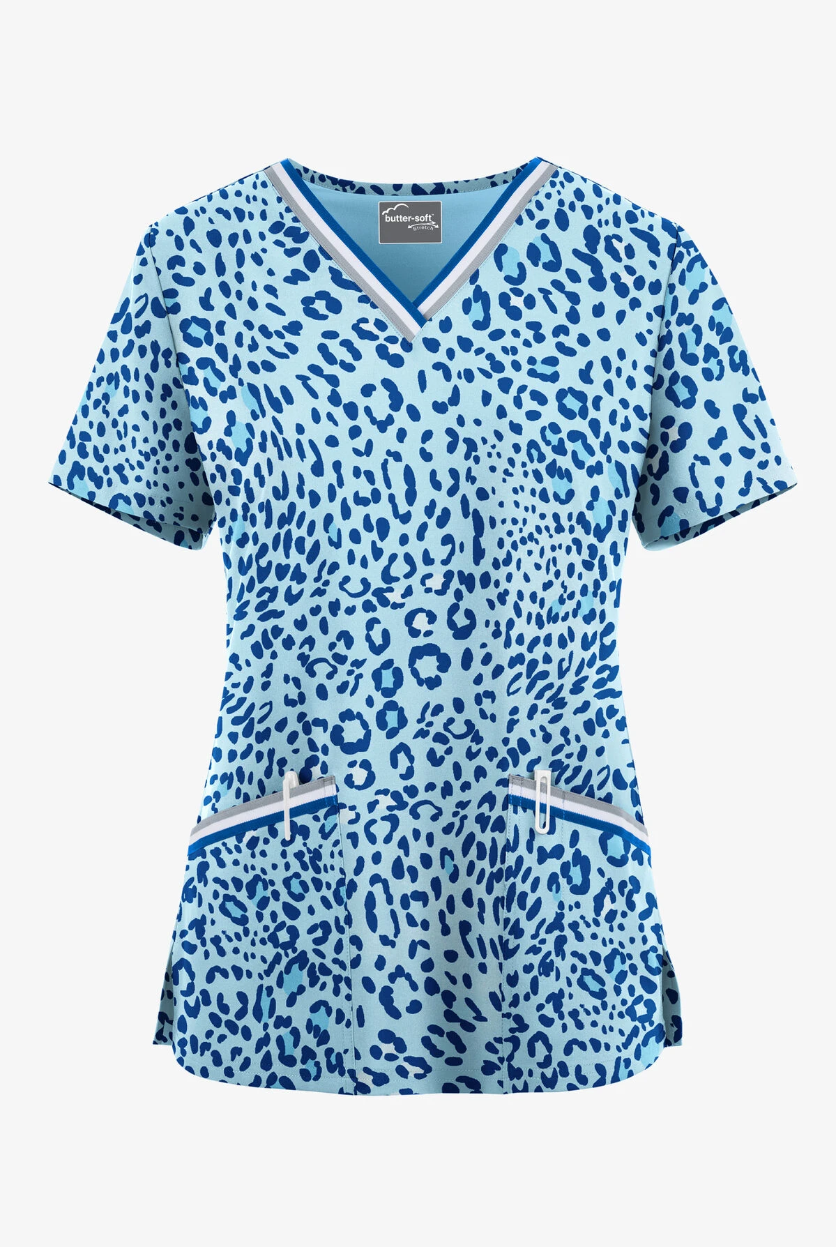 UA Butter-Soft STRETCH Summer Animal Royal Women's 3-Pocket V-Neck With Sport Trim Scrub Top 1 UA Butter-Soft STRETCH Summer Animal Royal Women's 3-Pocket V-Neck With Sport Trim Scrub Top