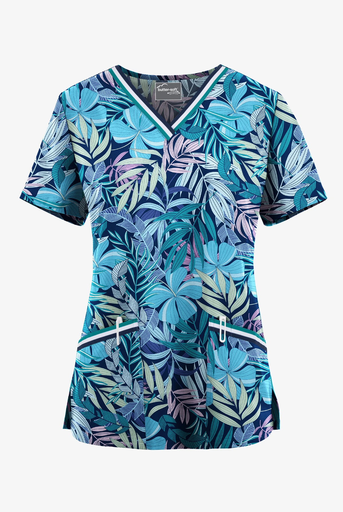 UA Butter-Soft Stretch Tropical Mix Navy Women's 3-Pocket V-Neck With Sport Trim Scrub Top 1 UA Butter-Soft Stretch Tropical Mix Navy Women's 3-Pocket V-Neck With Sport Trim Scrub Top
