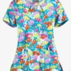 Butter-Soft Dazzling Reef Turquoise Women's 2-Pocket Key-Hole Neck Detailed Print Scrub Top