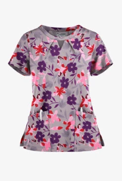Butter-Soft Matisse Floral Silver Women's 2-Pocket Keyhole V Neck Printed Scrub Top