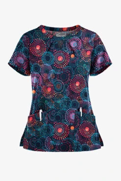 Butter-Soft Pop Circles Navy Women's 2-Pocket Keyhole V Neck Printed Scrub Top