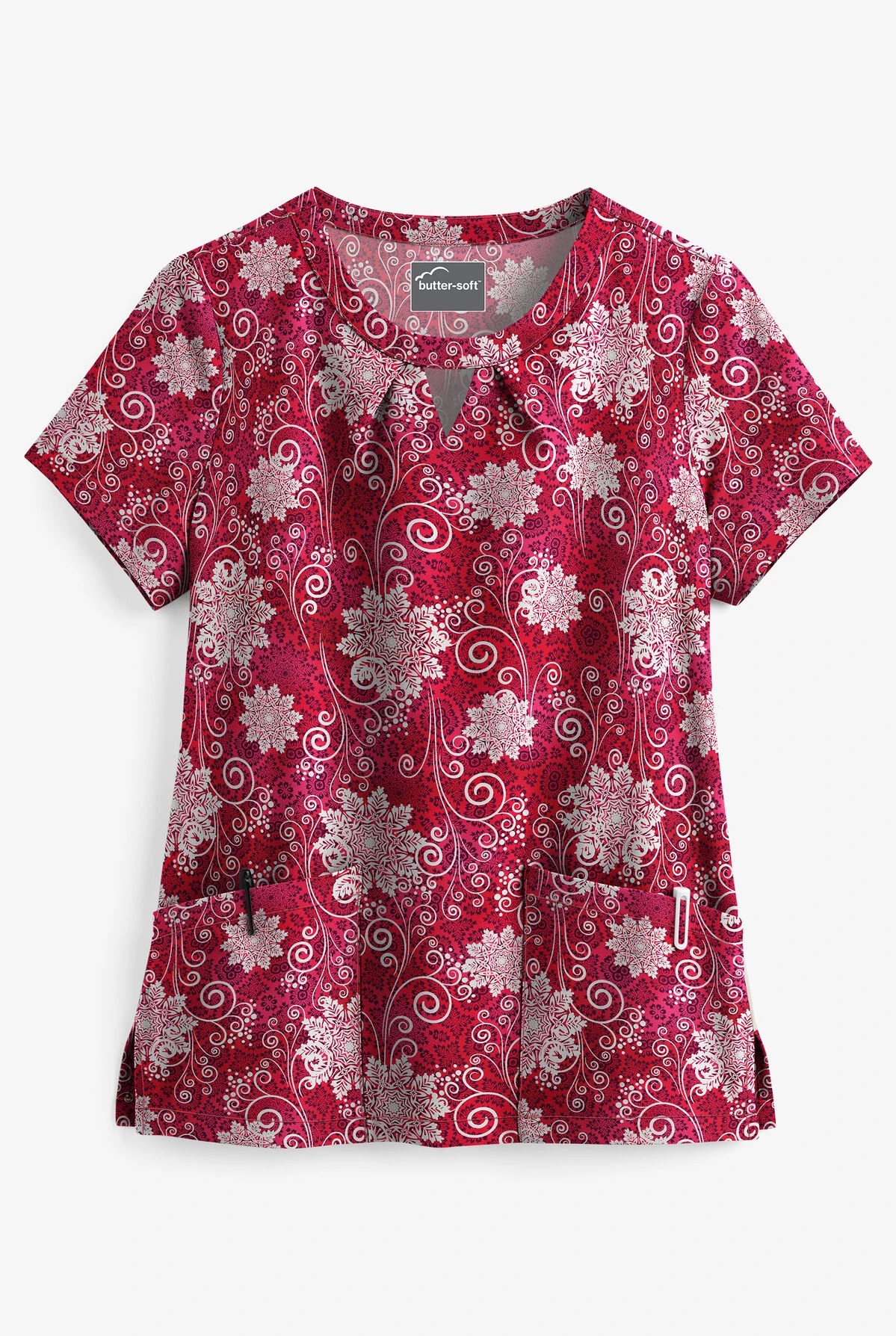 Butter-Soft Winter Breeze Red Women's 2-Pocket Key-Hole Neck Detailed Print Scrub Top 1 Butter-Soft Winter Breeze Red Women's 2-Pocket Key-Hole Neck Detailed Print Scrub Top
