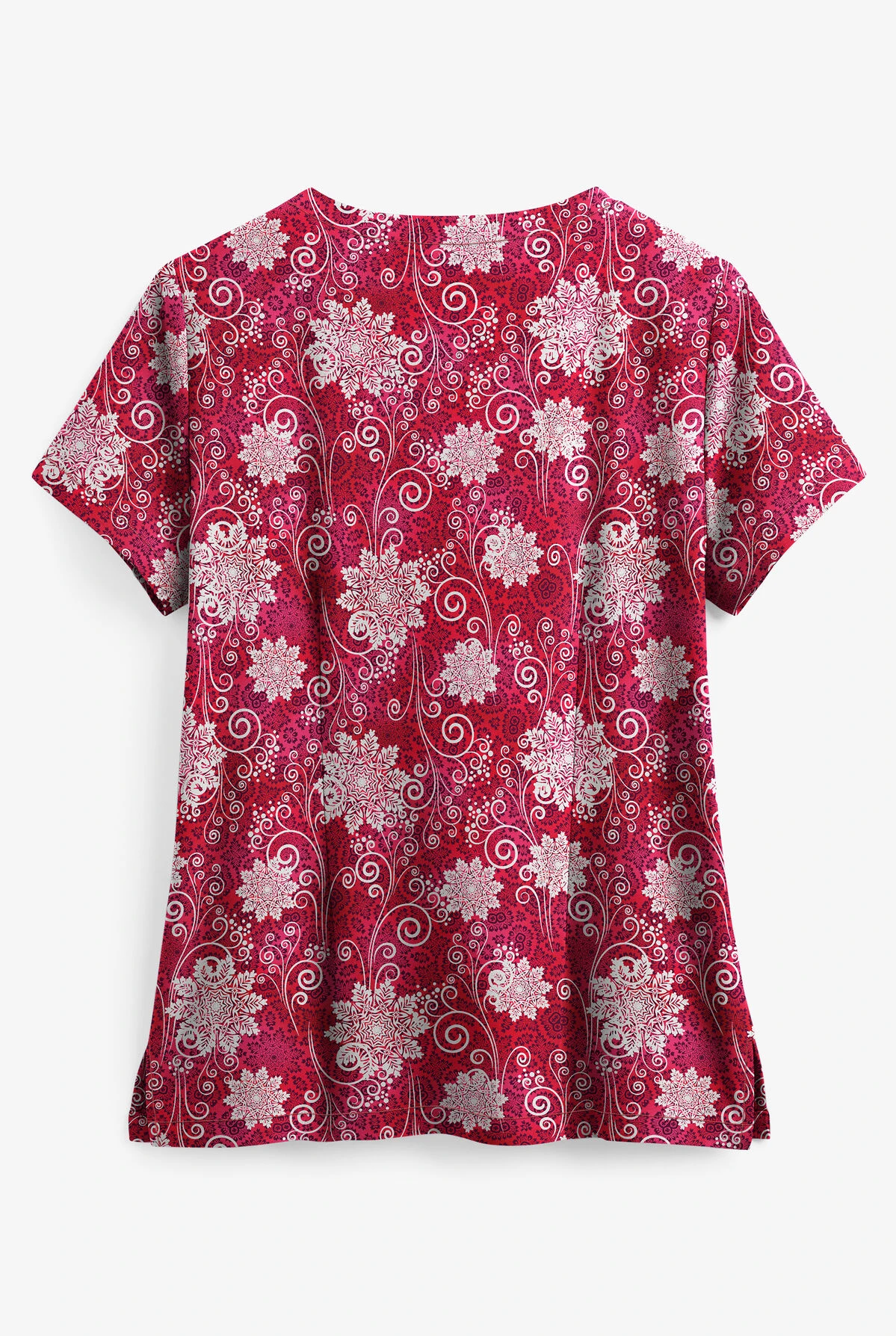 Butter-Soft Winter Breeze Red Women's 2-Pocket Key-Hole Neck Detailed Print Scrub Top 2 Butter-Soft Winter Breeze Red Women's 2-Pocket Key-Hole Neck Detailed Print Scrub Top - Image 2