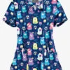 Butter-Soft Yard Friends Navy Women's 2-Pocket Key-Hole Neck Detailed Print Scrub Top
