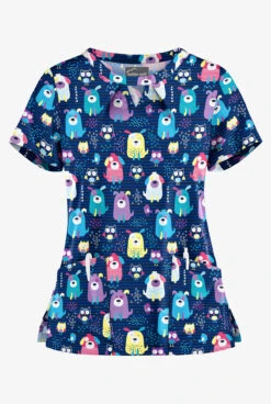 Butter-Soft Yard Friends Navy Women's 2-Pocket Key-Hole Neck Detailed Print Scrub Top