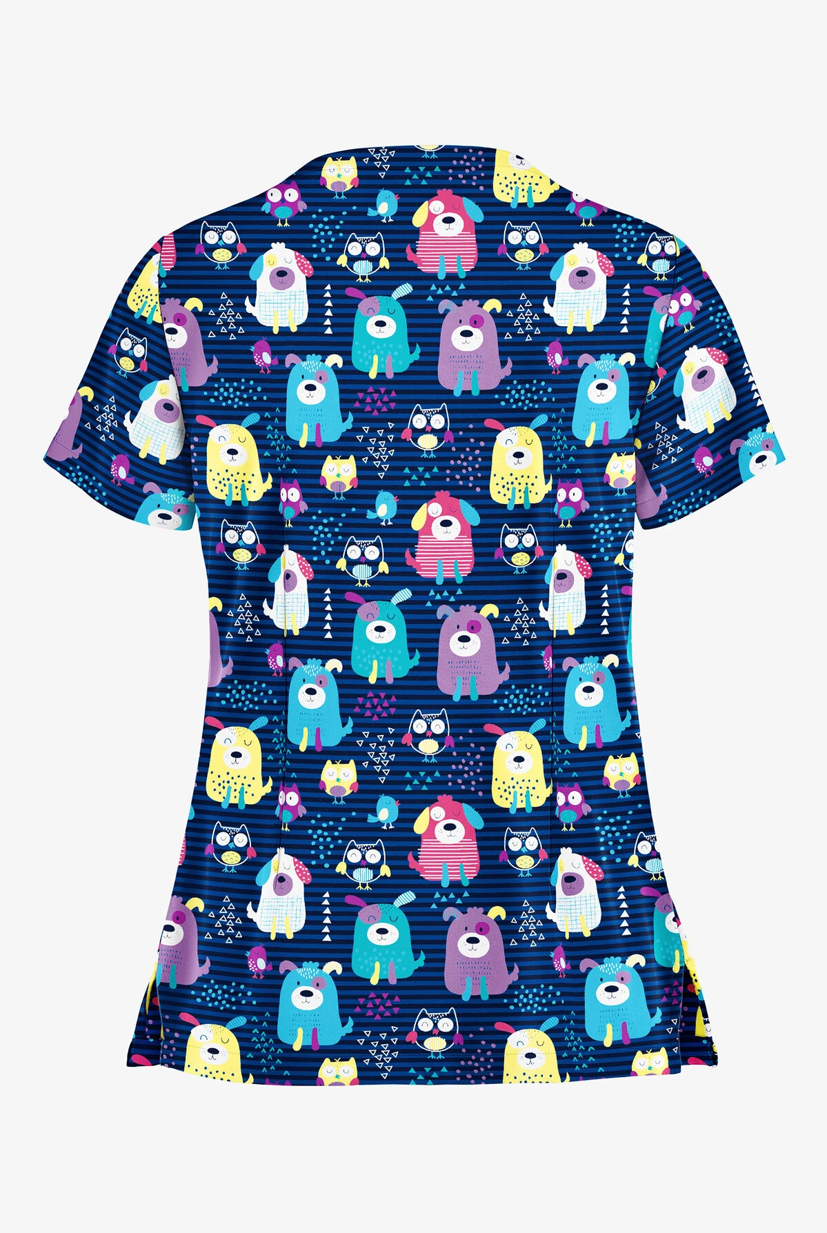 Butter-Soft Yard Friends Navy Women's 2-Pocket Key-Hole Neck Detailed Print Scrub Top 2 Butter-Soft Yard Friends Navy Women's 2-Pocket Key-Hole Neck Detailed Print Scrub Top - Image 2