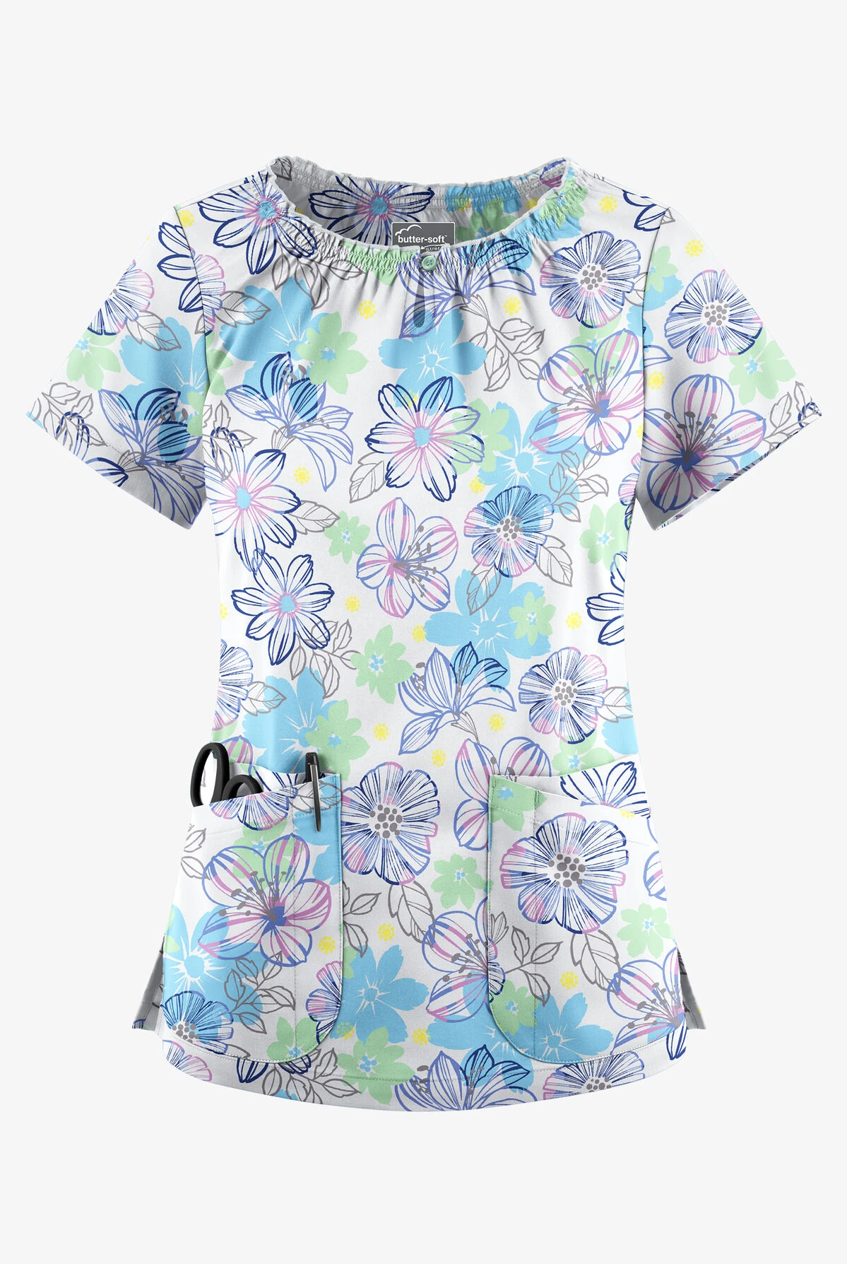 UA Butter-Soft STRETCH Floral Poolside View Women's 6-Pocket Peasant Style Printed Scrub Top 1 UA Butter-Soft STRETCH Floral Poolside View Women's 6-Pocket Peasant Style Printed Scrub Top
