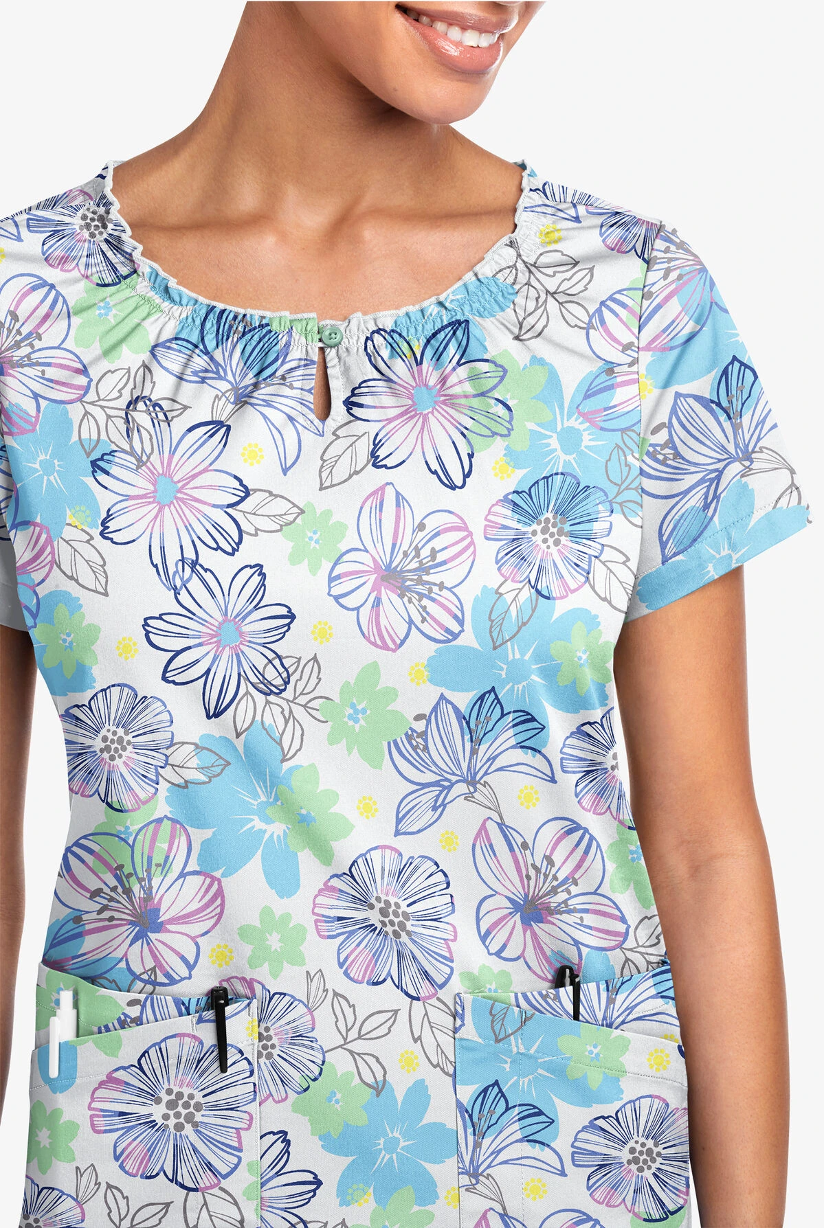 UA Butter-Soft STRETCH Floral Poolside View Women's 6-Pocket Peasant Style Printed Scrub Top 2 UA Butter-Soft STRETCH Floral Poolside View Women's 6-Pocket Peasant Style Printed Scrub Top - Image 2