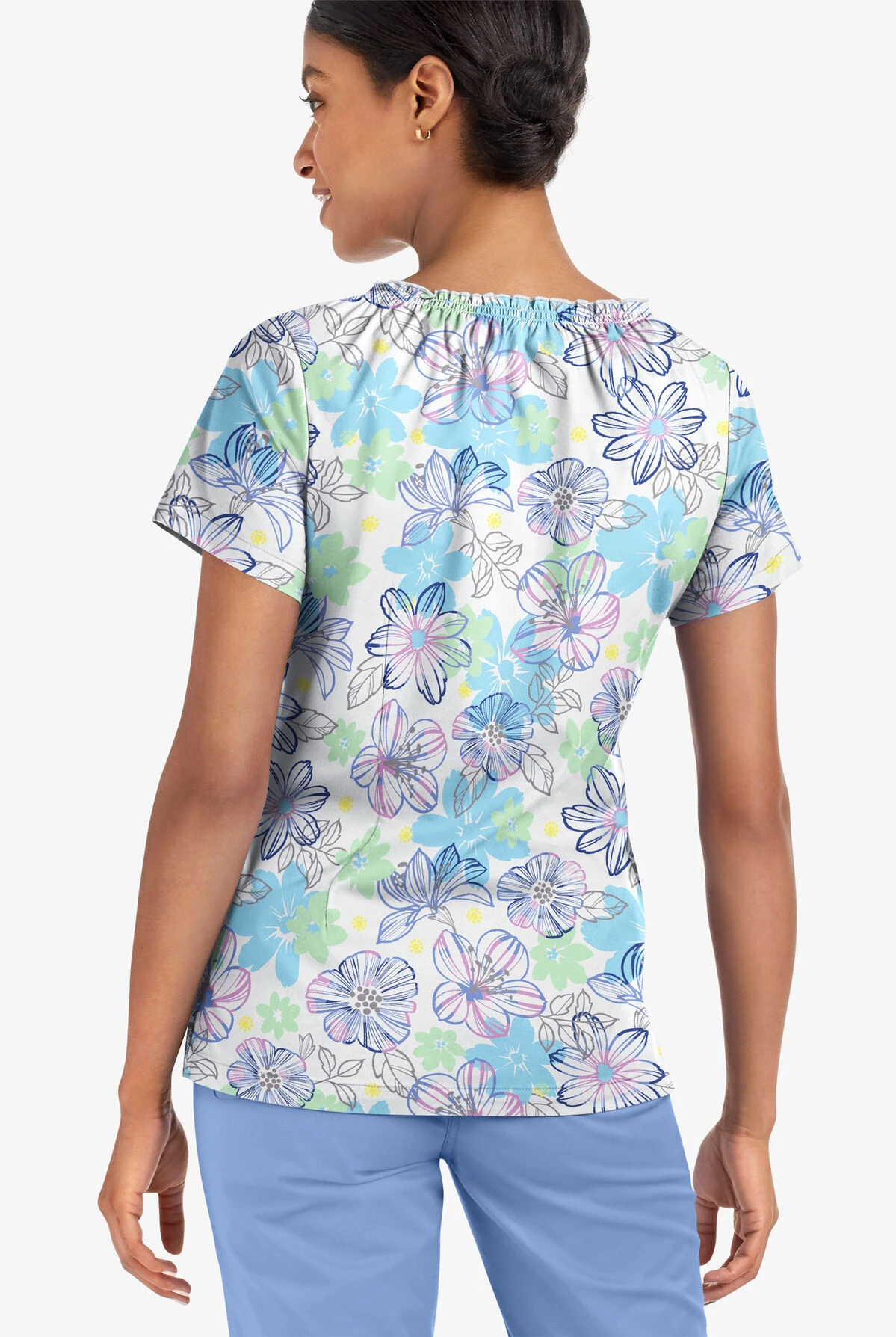UA Butter-Soft STRETCH Floral Poolside View Women's 6-Pocket Peasant Style Printed Scrub Top 3 UA Butter-Soft STRETCH Floral Poolside View Women's 6-Pocket Peasant Style Printed Scrub Top - Image 3